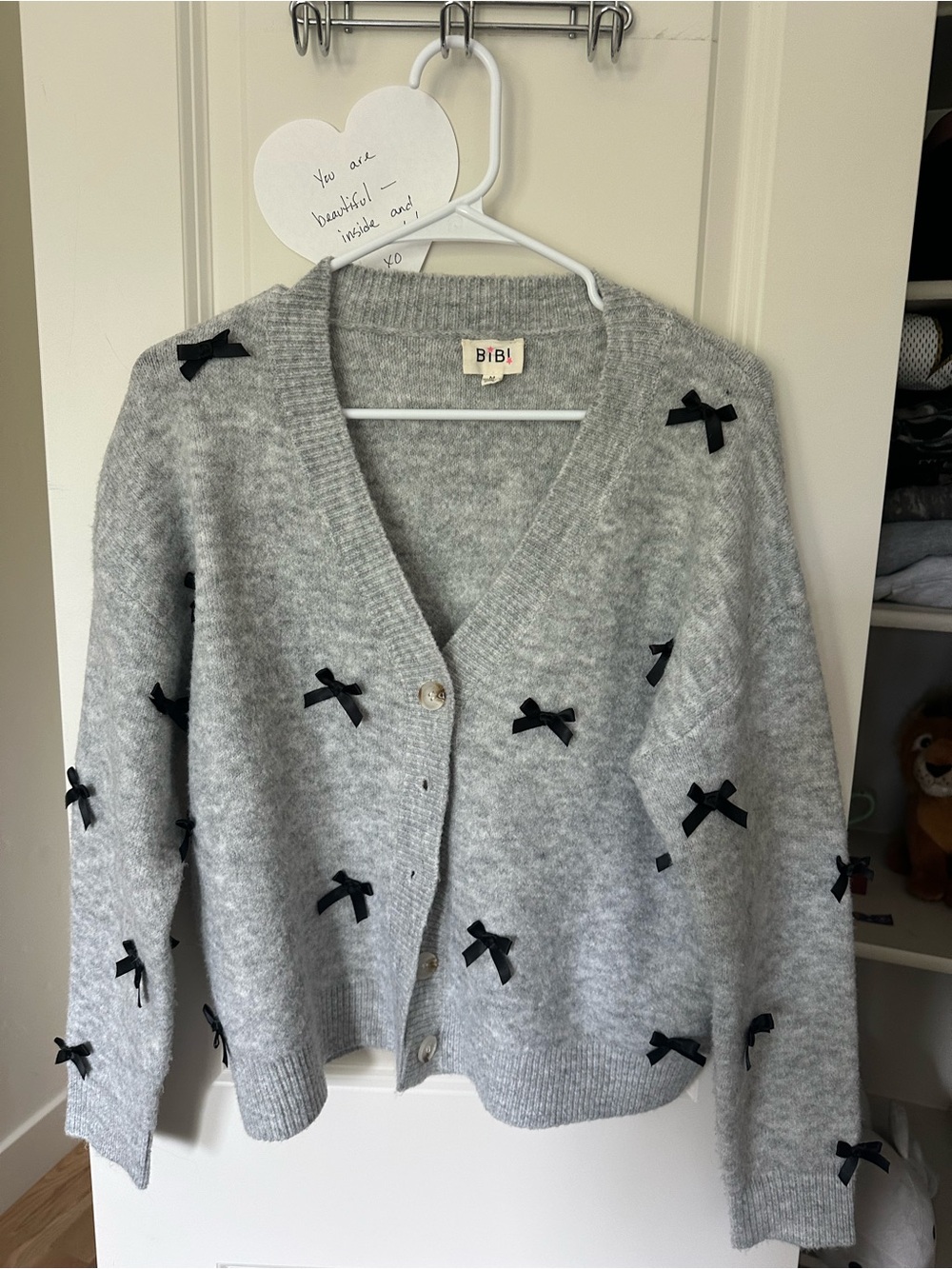 BiBi Light Gray V-Neck Cardigan with Black Bow Details